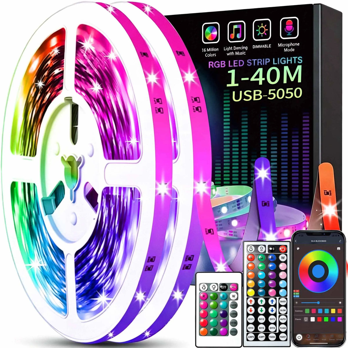 LED 5050 Light Strip 5M 10M 20M 40M RGB TV Background Light Bluetooth Control USB Game Room Family Party Decorative Light Strip