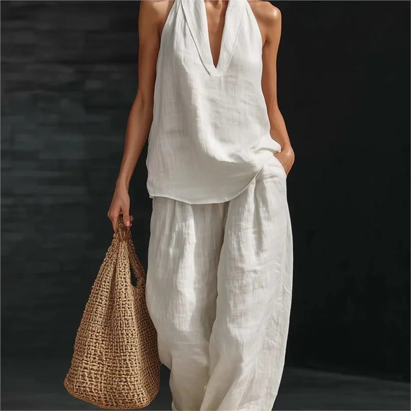 Loose Two-piece Halter Neck V-neck Sleeveless Top Trousers 2026 Summer Women's Fashion Solid Color Casual Womens Matching Sets