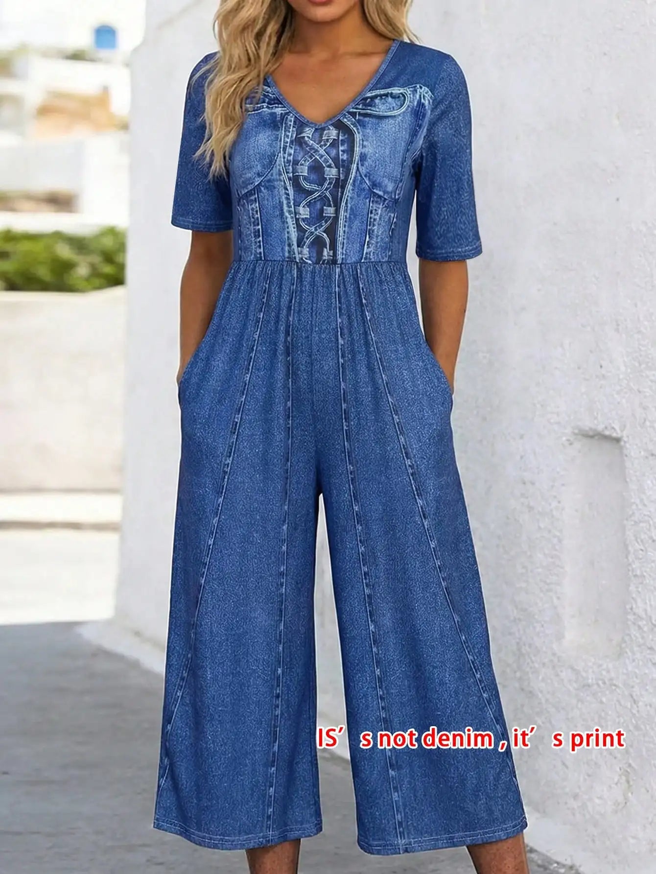 Women's summer new imitation denim printed casual commuting versatile jumpsuit，Casual Short Sleeve Wide Leg Cropped Romper
