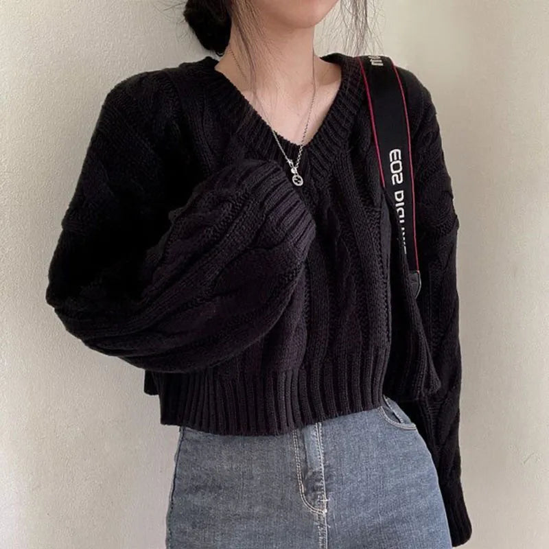 Vintage Twist Cropped Sweater Pullover Women Autumn Winter Loose V-Neck Knitted Jumper Lazy Style Classic Long Sleeve Knitwear