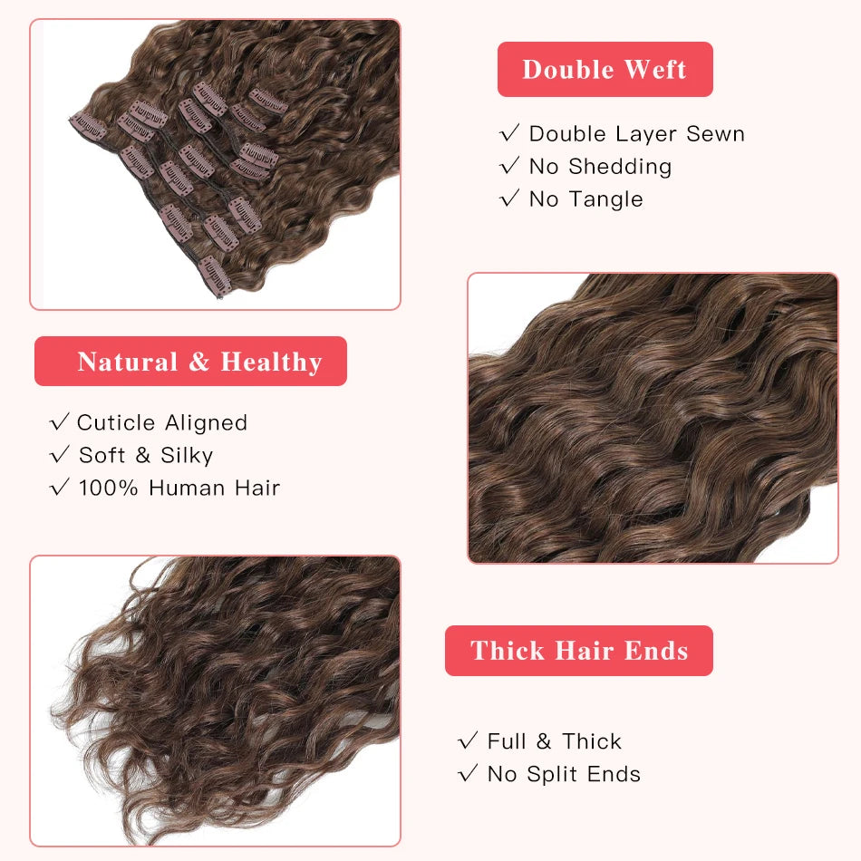 12A Curly Clip in Hair Extensions Brown Water Wave Real Remy Human Hair Clip in Extensions for Women Curly Clip Ins 7pcs 120g