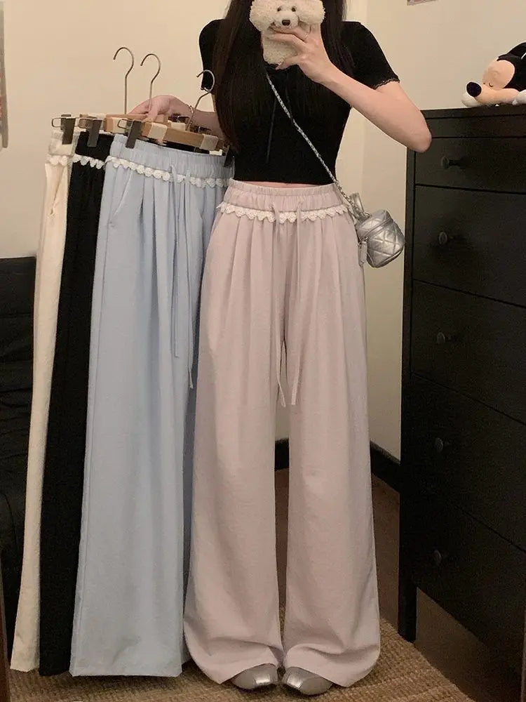 Women Lace Trim Wide Leg Pants Elastic Drawstring Waist Loose Casual Trousers Multiple Colors