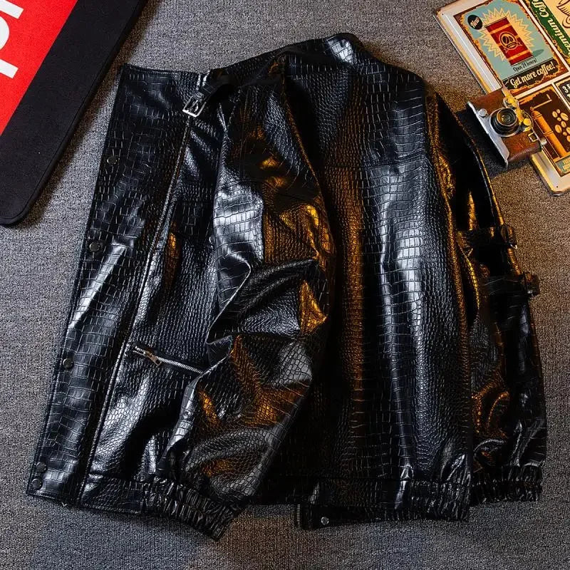 Gmiixder Functional Imitation Crocodile Leather Jacket Men's Spring Autumn American Retro High Street Motorcycle Leather Coat