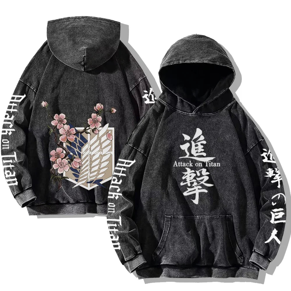 Vintage Washed Men's Hoodies Shield Print Hooded Sweatshirt Hip Hop Streetwear Y2K Hooded Pullover Y2K Loose Casual Tops