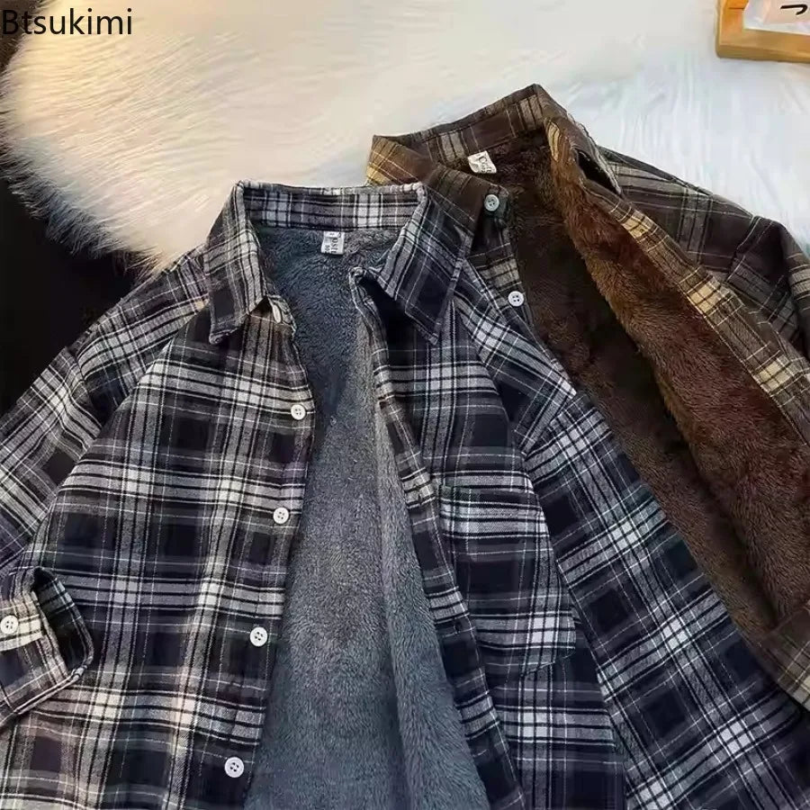 New 2026 Autumn and Winter Plus Velvet Thick Warm Plaid Shirt Men's Long Sleeved Japanese Retro Trend Loose Casual Shirt Jacket
