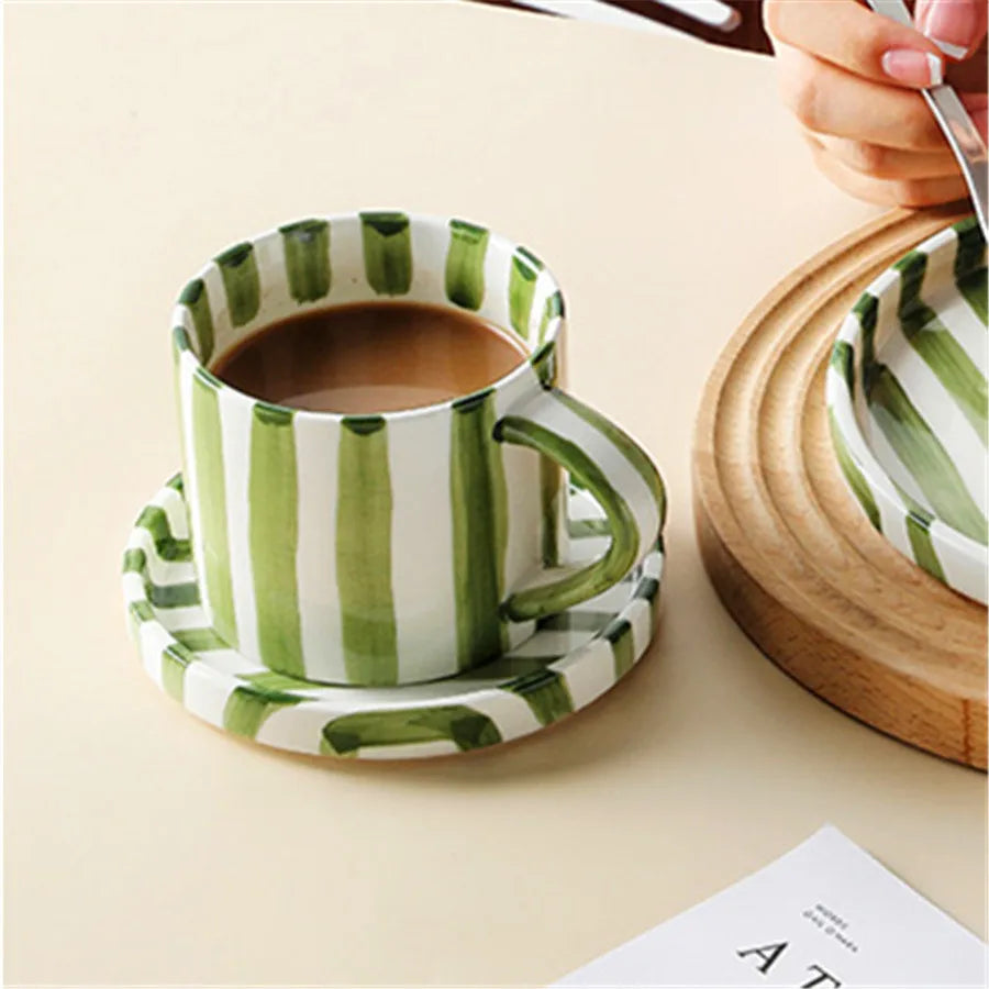 280ml/9.5oz afternoon tea coffee cup, Minimalist striped hand drawn cup and plate set, ceramic milk coffee cup, household drinki