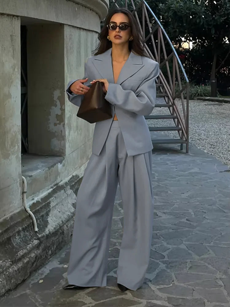 Casual V-neck Blazer Pants Set Women Single Breasted Pocket Jacket Wide Leg Trousers Lady Suit 2026 Elegant 2 Pieces Sets Female