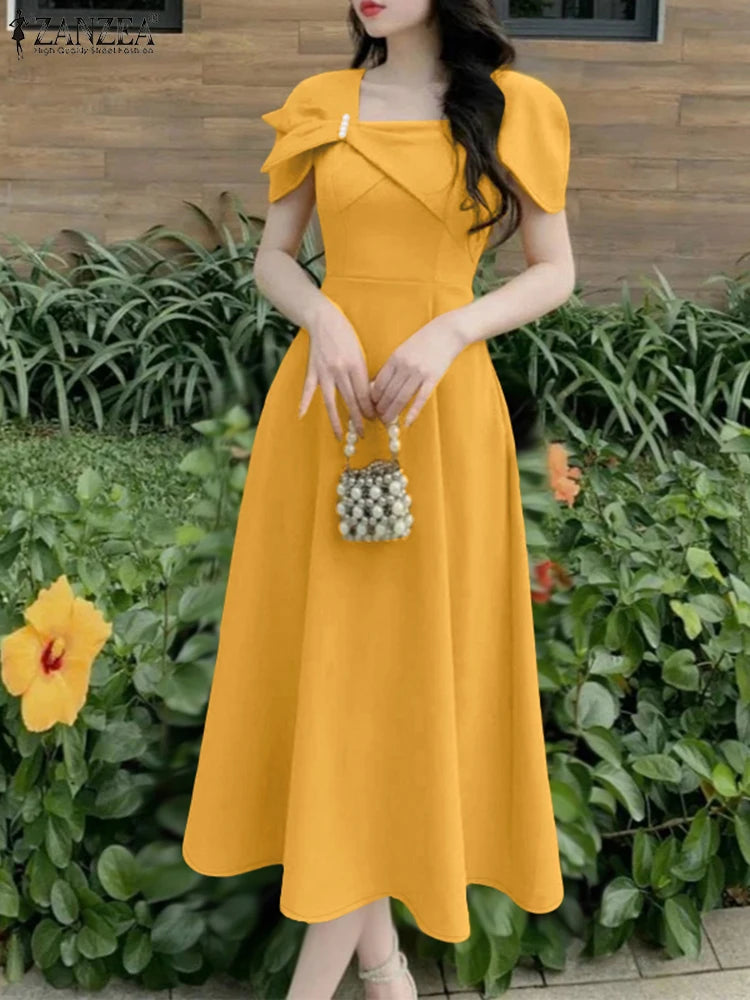 ZANZEA Elegant Chic Women A-Line Dresses Summer Fashion Square Neck Short Sleeve High Waisted Midi Robes Femme Office Vestidos