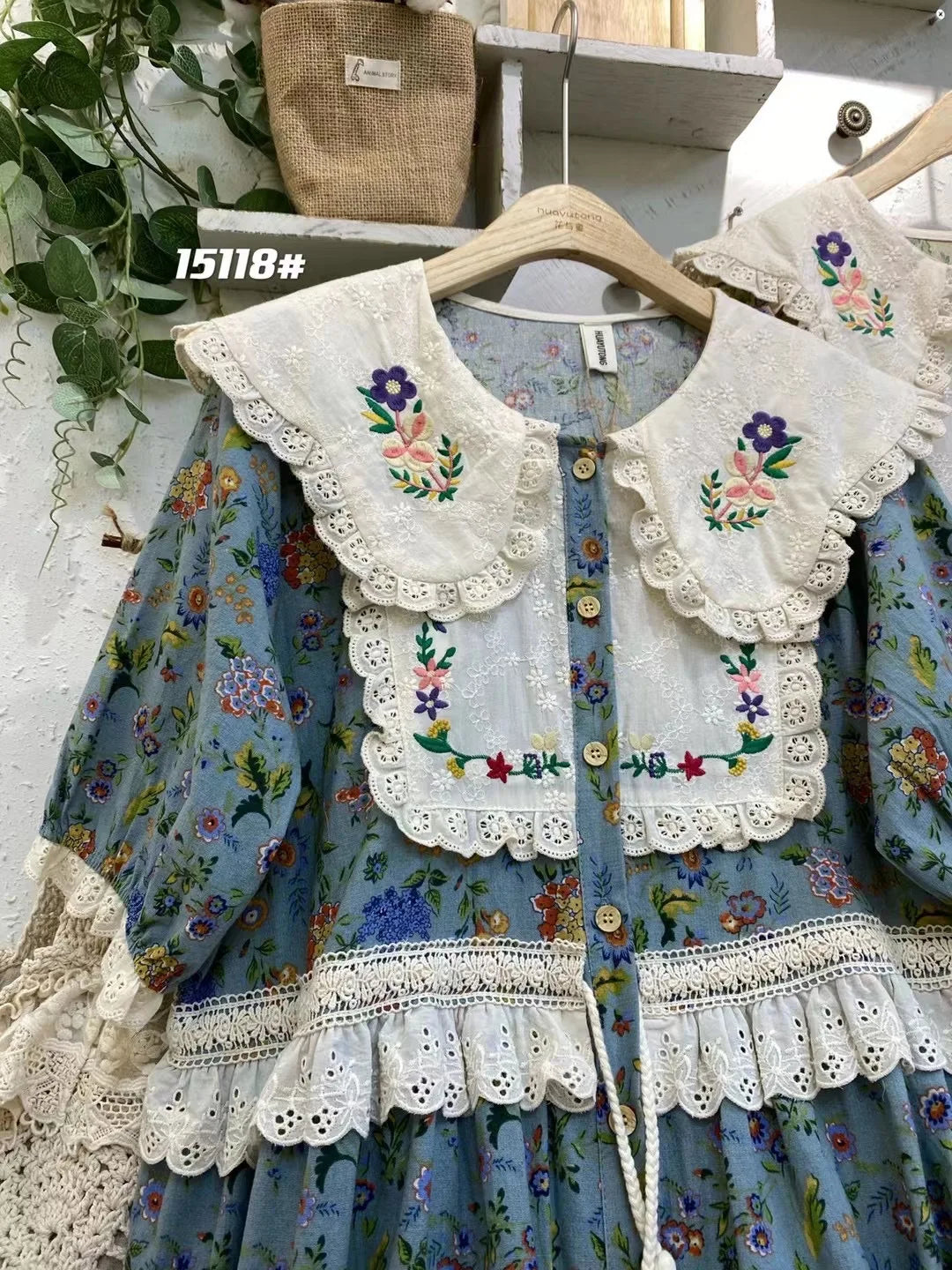 Vintage Embroidery Art Print Kawaii Dress Women Japanese Mori Girl Peter Pan Collar Patchwork Cotton Linen Dress Loose Vestidos