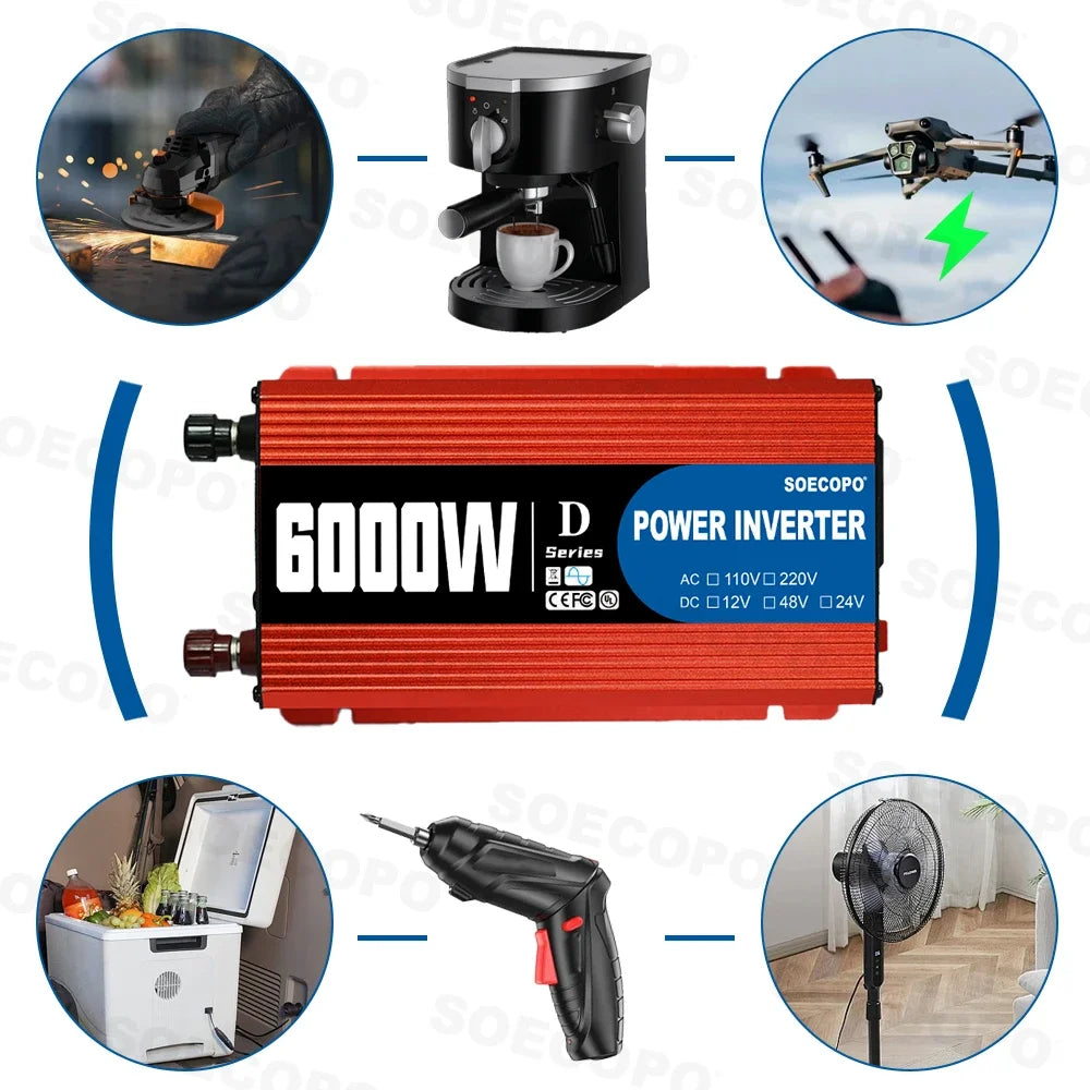 6000W Portable Smart Inverter 12V/24V/48V to 110V/220V AC with USB Port & Alligator Clamps for RVs Trucks Worldwide CE Certified