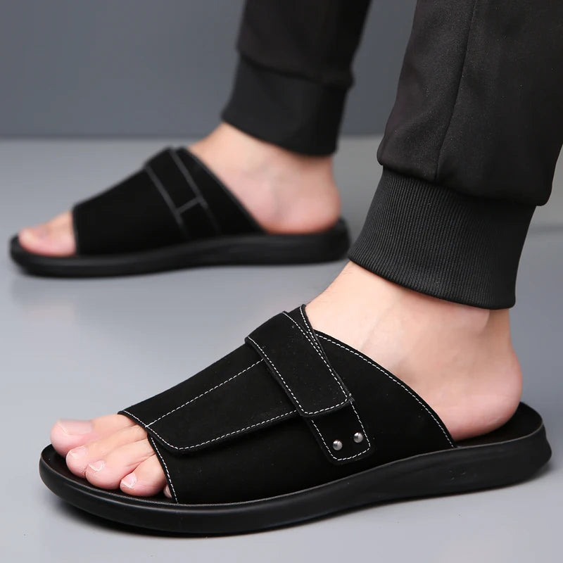 New Men's Slip-On Sandals with Magic Tape Outdoor Anti-Slip Soft Bottom Flat Slippers Versatile Comfortable Summer Shoes-1102