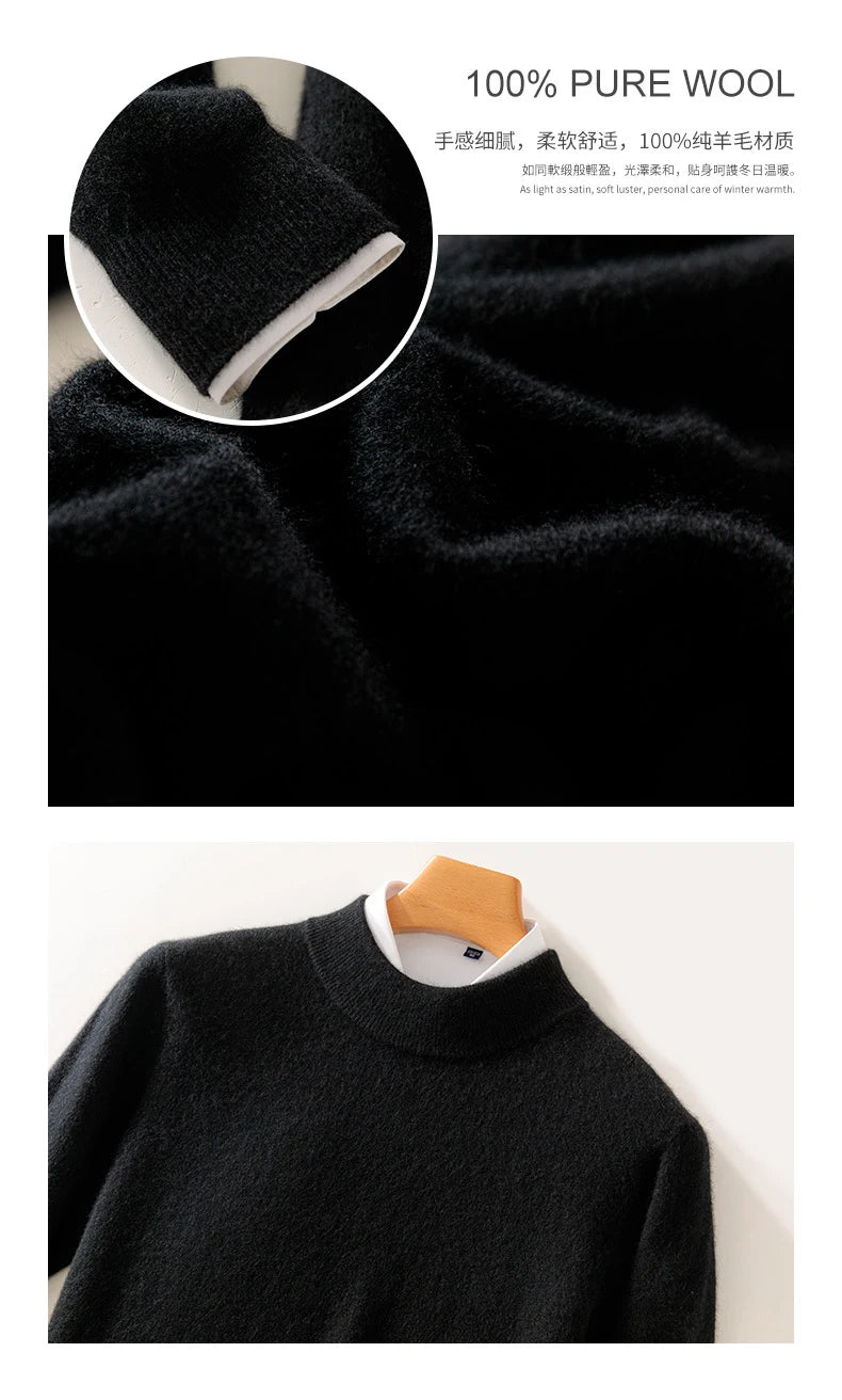 Autumn and Winter Half-high Neck 100% Pure Wool Men's Long Sleeve Leisure Sweater Knitwear