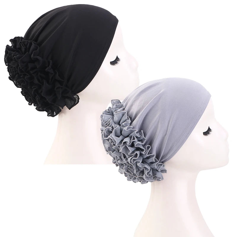 New breathable chiffon hat with large flowers Solid color thin bottom cap Islamic Head Wrap Women's elastic anti hair loss hat