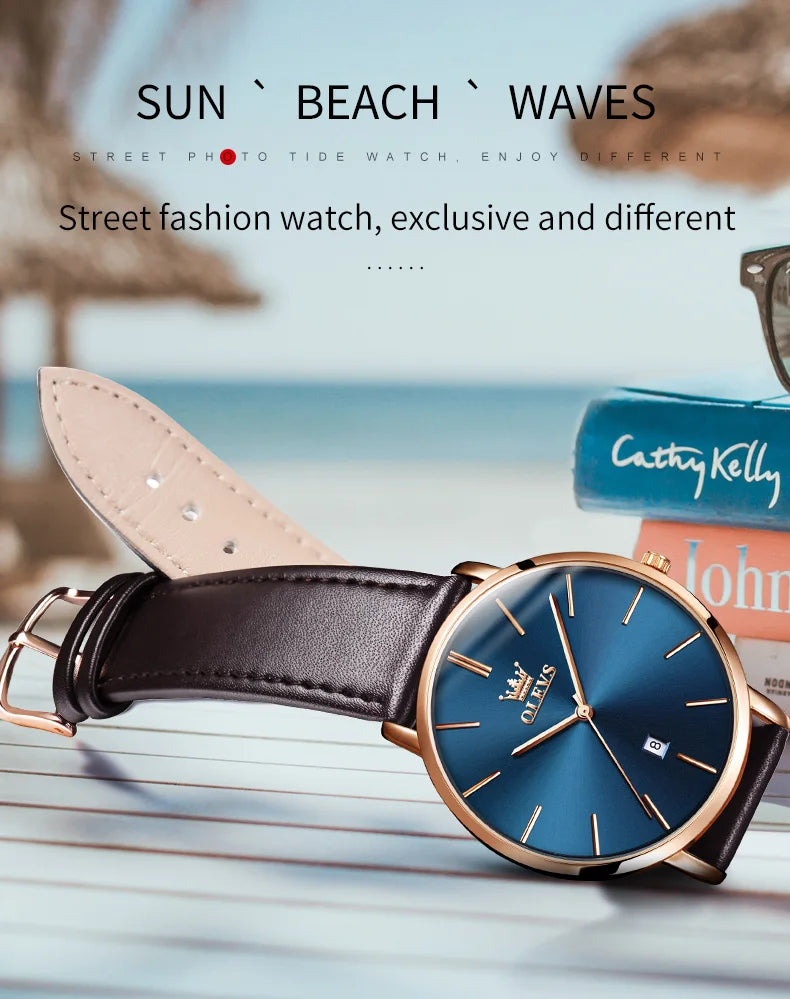 OLEVS 5869 Ultra Thin 6.5mm Quartz Watch for Men Fashion Leather Strap Simple Luxury Auto Date Clock Men's Wristwatch Waterproof