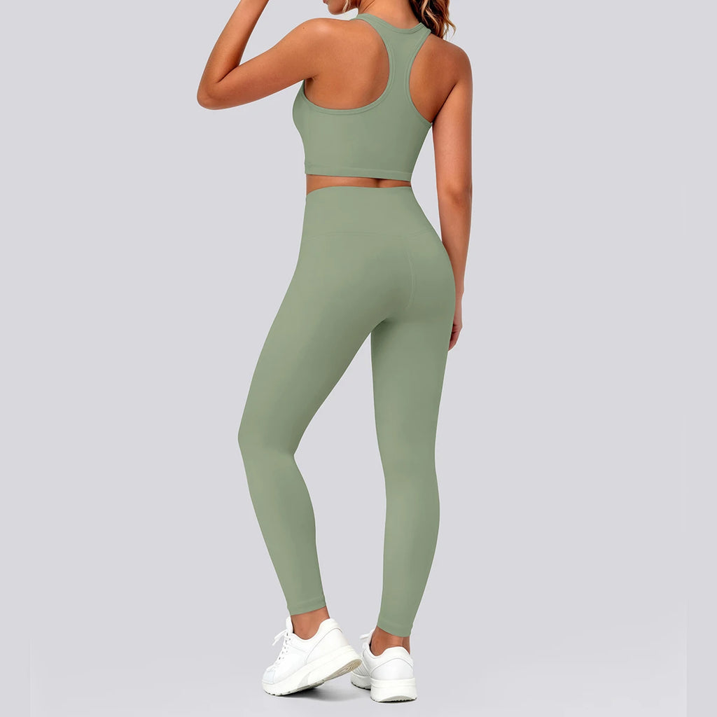 2PCS Solid Color Yoga Set for Woman's Gather Beautiful Back I-shaped Vest Shock-absorbing Running Yoga Tank Top Push Up Pants