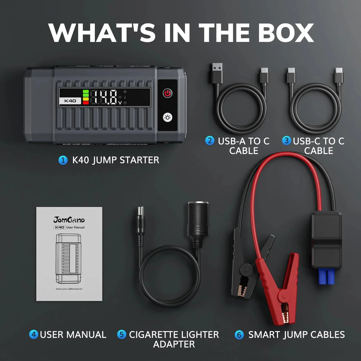 K40 5000A Portable Car Battery Jump Starter Pack for Up to 10.0L Gas and 9.0L Diesel Engines with Smart LED Display