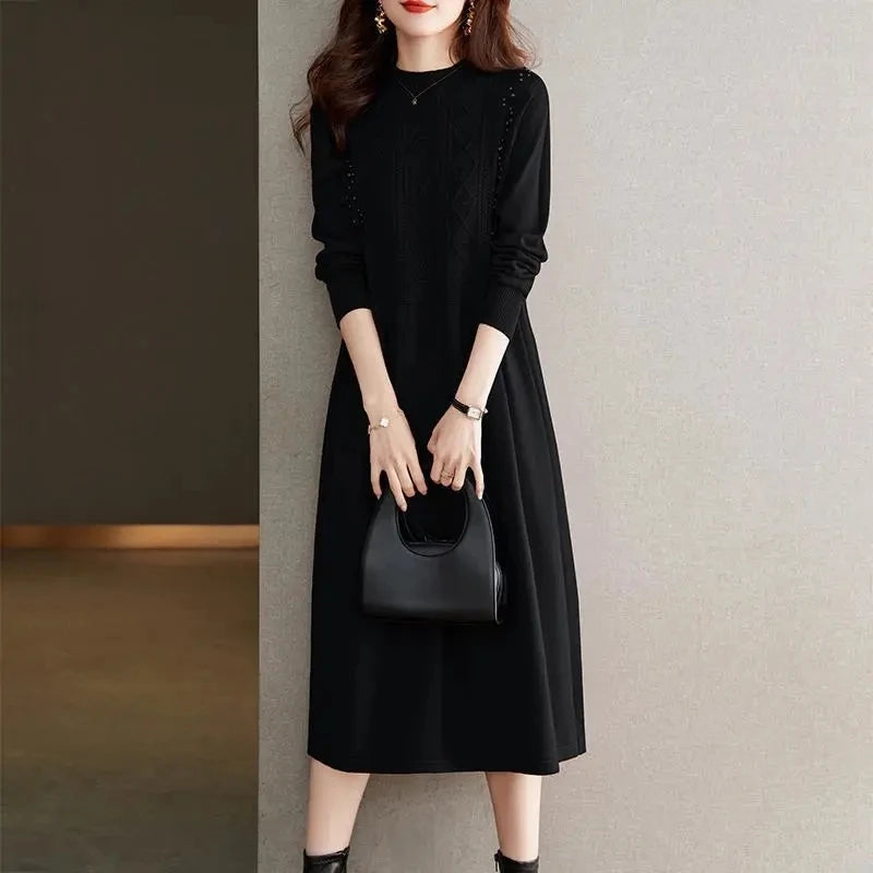 New Knitting Vestidos Women's 2024 Spring Autumn Mid Length Version Ladies Sweater Dress Temperament Lady Bottoming Skirt