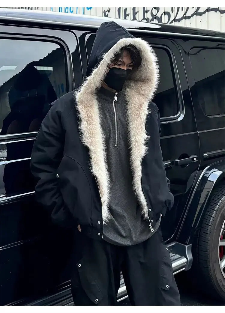 American Retro Lamb Fleece Cotton Jacket Winter Thickened Keep Warm Fur Collar Jacket Zipper Hoodie Loose Coat men clothing
