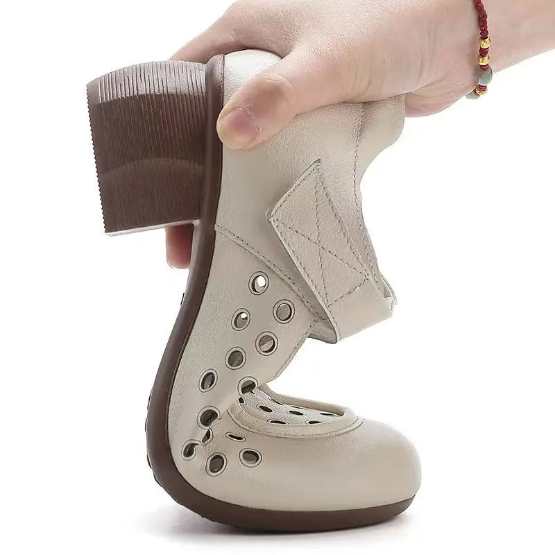 Women's Summer New Leather Hollow Out Cave Sandals Block Sole Non Slip Round Toe Breathable High Quality Low Top Velcro Sandals