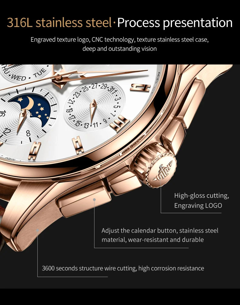 OUPINKE Top Men's Automatic Mechanical Wrist Watch Leather Strap Luxury Business Multi functional Lunar Phase Dial Reloj Hombre