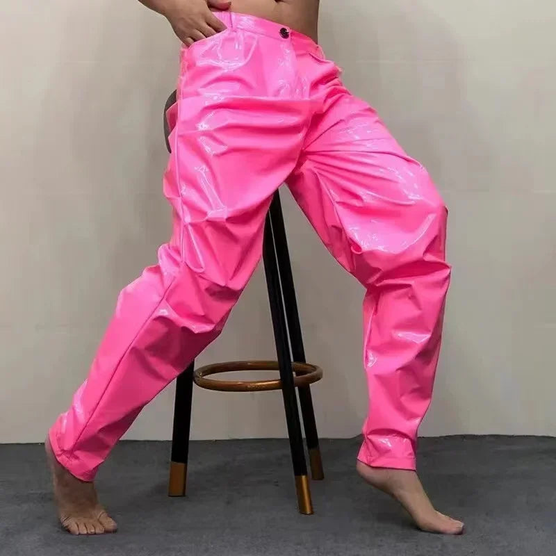 Men Mid Waist Shiny Faux Latex Leather Loose Hiphop Pants With Pocket Male Solid Color Stretch PVC Trousers Clubwear New Custom