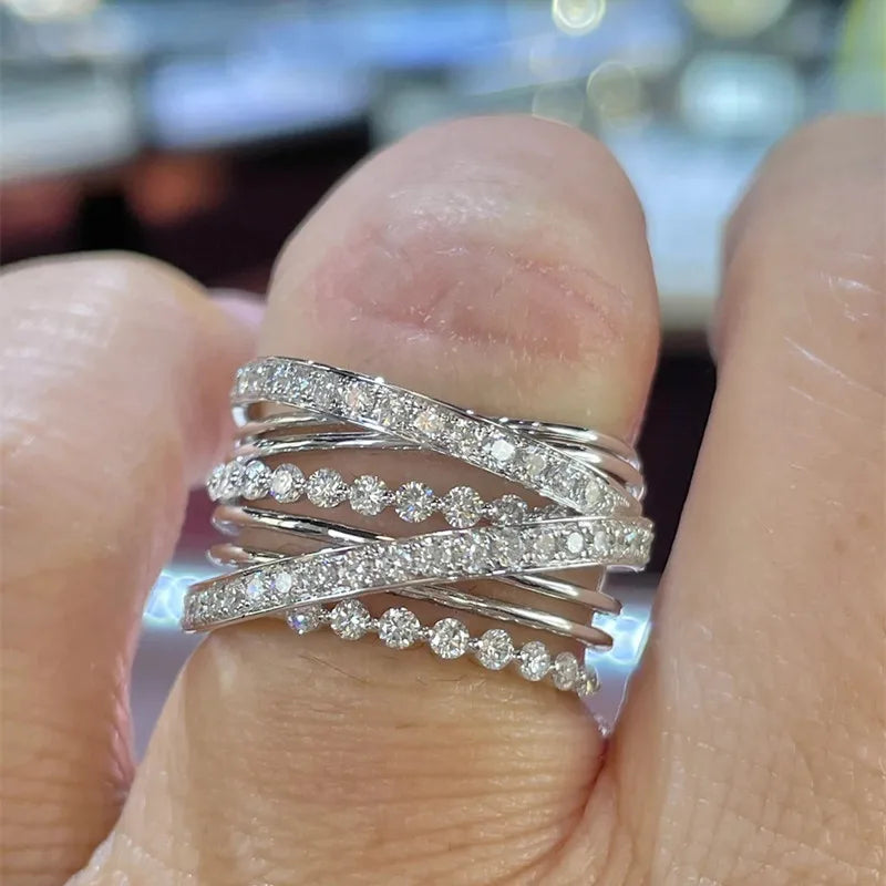 Huitan Luxury Women Rings Full Paved Sparkling Cubic Zirconia Fashion Cross Rings Silver Color Female Rings for Party Jewelry