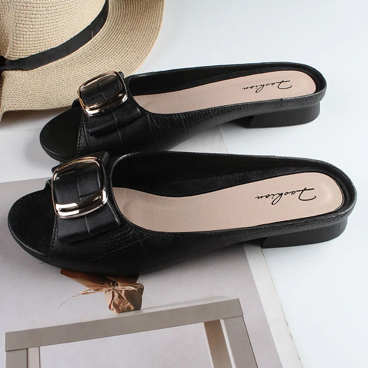 Summer Women Square Buckle Open-Toe Slippers Single Strap Flat Sandals Lady Solid Color Outdoor Beach Shoes Adult Casual Sandals