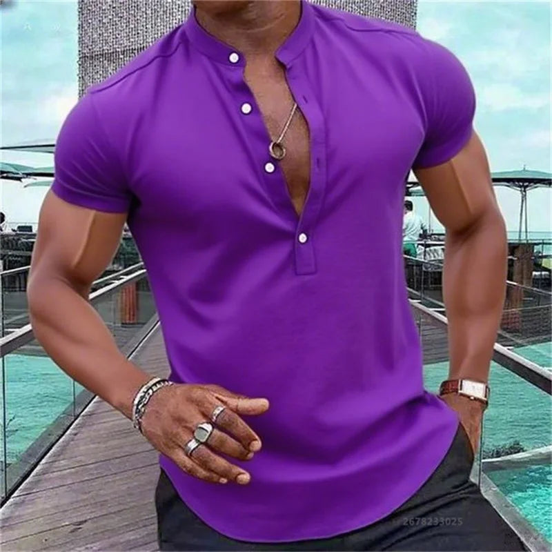 Men's Short-Sleeved Casual Shirt Hawaiian Style Shirt Solid Black Shirt Stand Collar Design Suitable for Beach Vacation XS-5XL