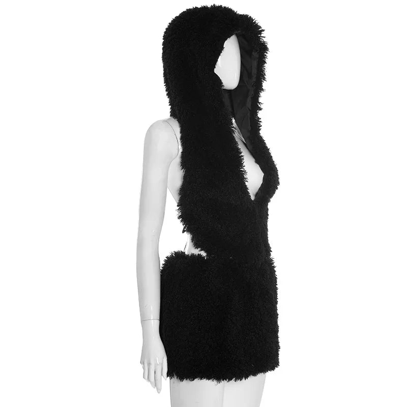 2026 Fall Winter Fashion Faux Fur 2 Piece Set Women Lace Up Backless Hooded Tank Tops + Bodycon Mini Skirts Casual Street Suits