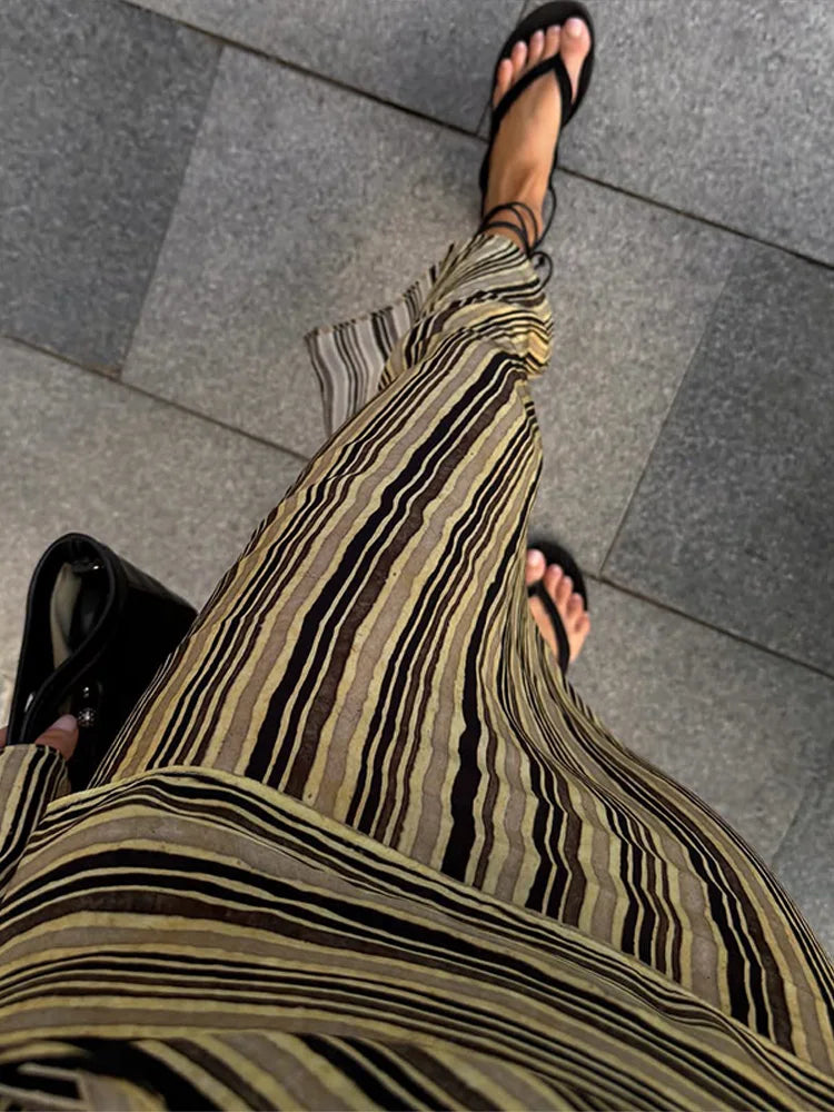 Women Striped Wrap Dress V-neck Loose Pleated Long Sleeved Asymmetrical Drape Dresses 2026 Summer New Casual Commute Lady Robes