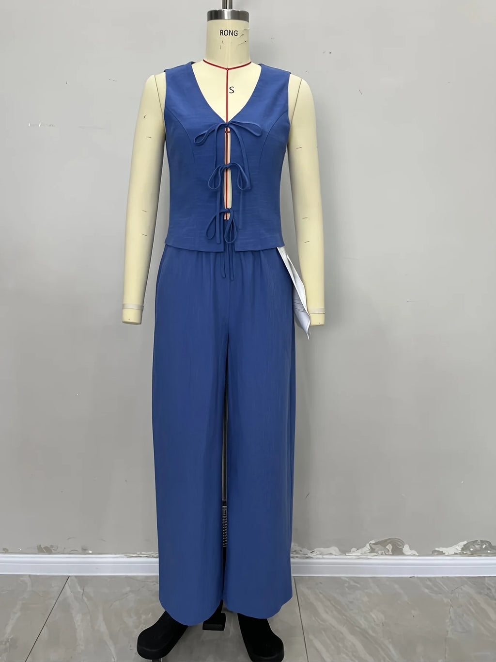 Two Piece Set Women Outfit 2026 Spring New Solid Color V-Neck Sleeveless Lace Up Vest & High Waist Casual Long Pants Set