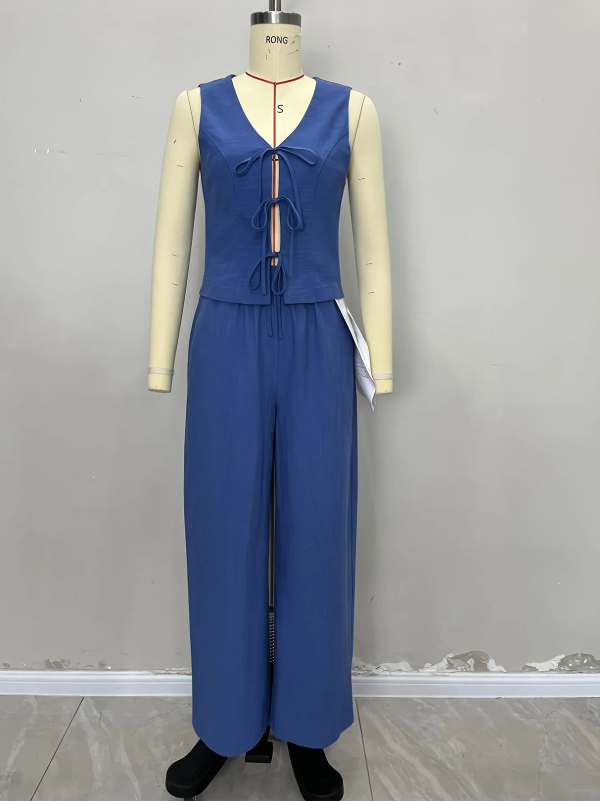 Two Piece Set Women Outfit 2026 Spring New Solid Color V-Neck Sleeveless Lace Up Vest & High Waist Casual Long Pants Set