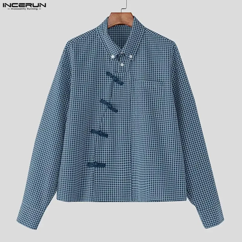 INCERUN Men Plaid Shirt Lapel Long Sleeve Patchwork Loose Men Clothing Streetwear 2026 Spring Fashion Casual Tops Male Shirts