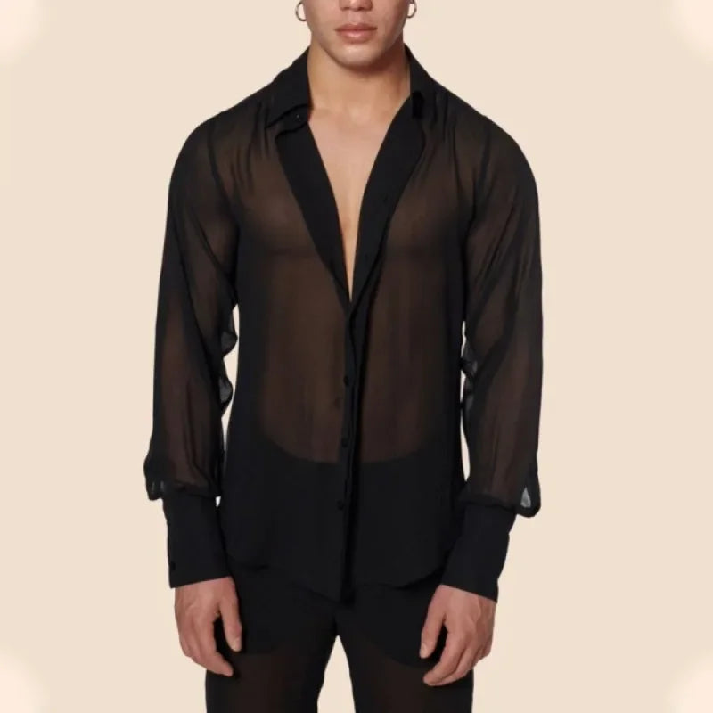 Summer and Autumn Shirt Top Men Mesh See-through Loose Shirt Men Sexy Long-Sleeved V-neck Turn-down Collar Single-Breasted Shirt
