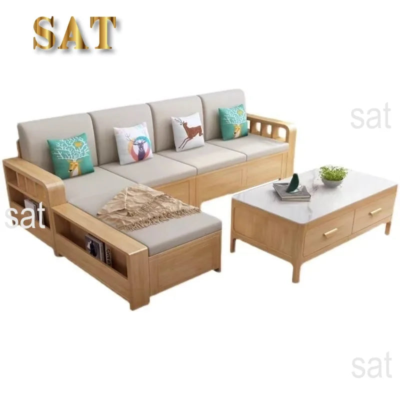 *Living Room Nordic Log Wood Storage Corner Sofa Winter  Summer Dual Use Fabric Wooden Sofa Combination