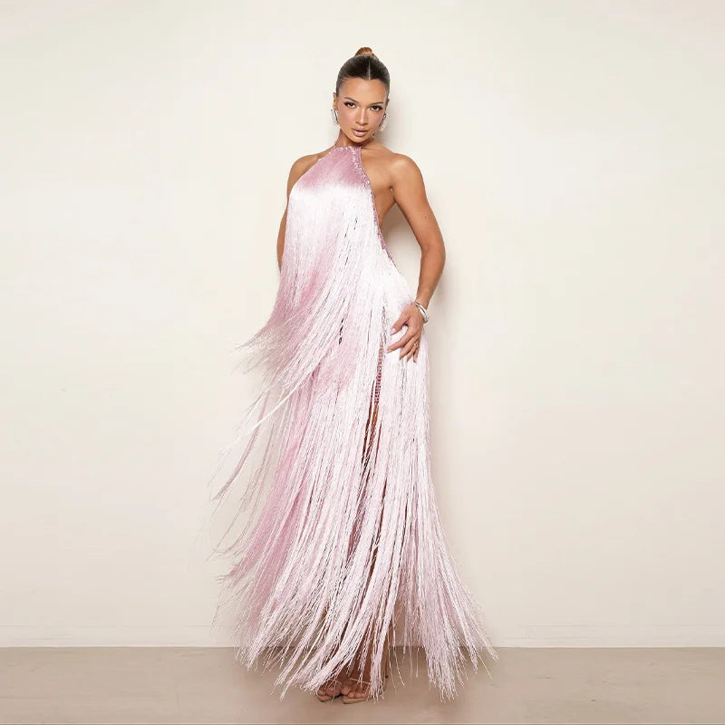 Party Women's Dress Halter Sleeveless Backless Tassel Solid Female Long Holiday Dresses 2026 Summer Fashion Elegant Lady Robe