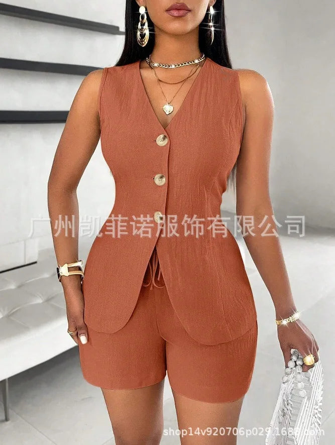 Women Fashion Casual Shorts Set Summer Vest Top Button Solid 2 Pieces Set Lace-up Pant Suits Womens Clothing Office Holiday 2025