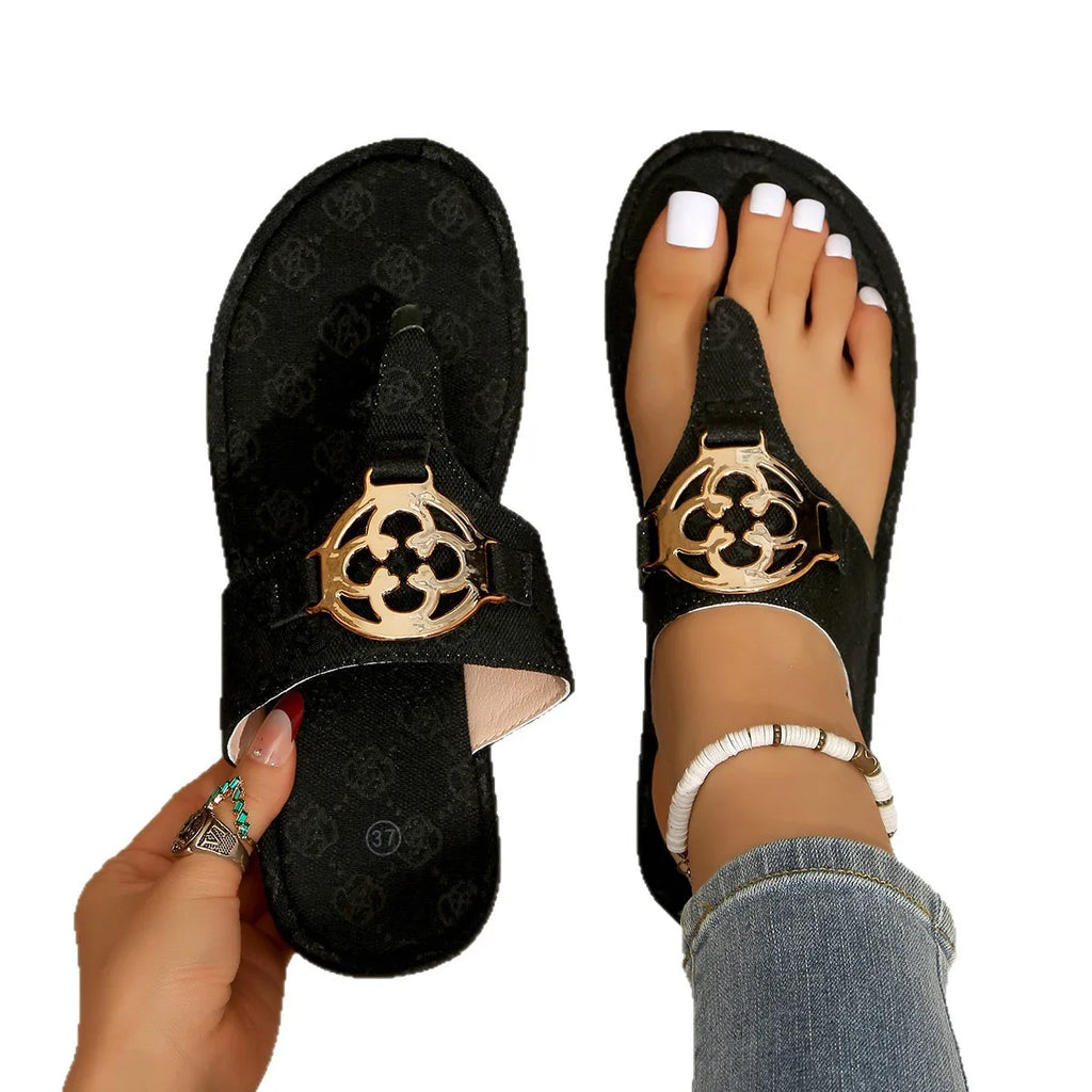 e thick-soled one-piece embroidered metal buckle flip-flops for women, suitable for casual outdoor wear as beach sandals.