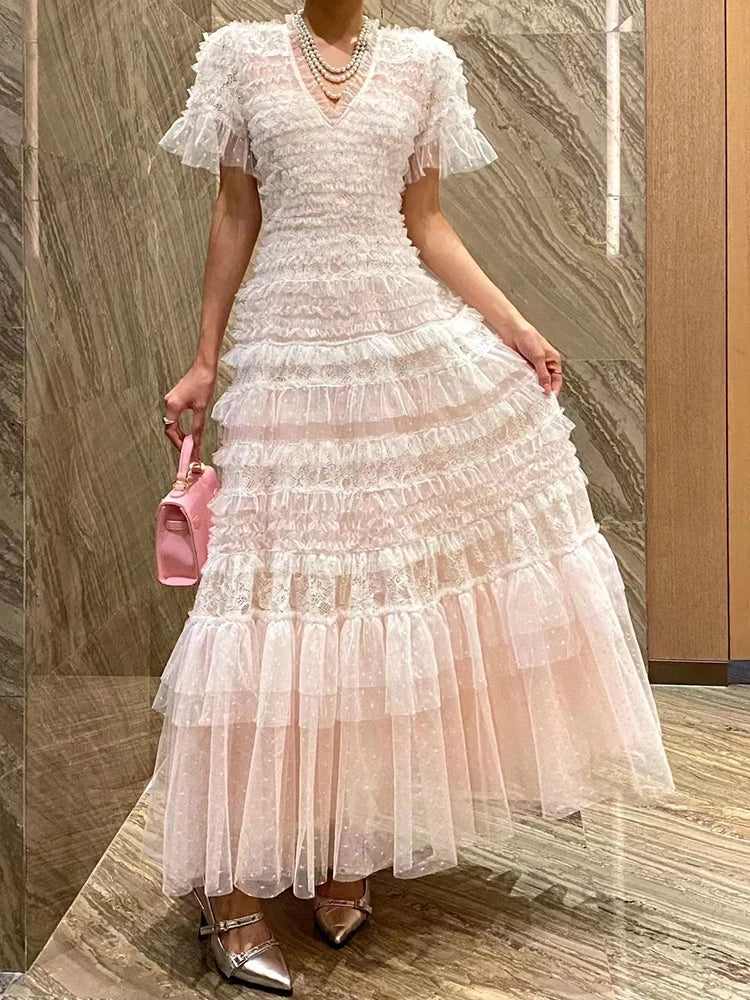 Eshin Elegant Midi Dress Short Sleeve Summer Spring New Fashion Design Women Runway Mesh Ruffles V-Neck Party High Street TH6731