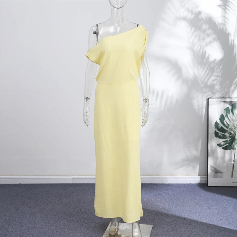 Elegant Off Shoulder Women's Dress Solid Sleeveless Oblique Collar Long Female Dresses 2026 Summer Fashion Lady Comfortable Robe