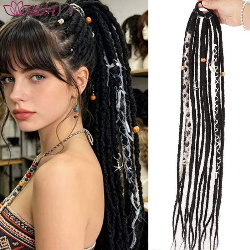 24 Inch Dreadlocks Ponytail Hair Extensions Synthetic Fibers Boho Braided Hairpieces With Beads Festival Cosplay Easy Wear
