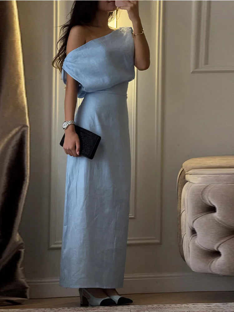 Party Dress Women's Lime One-Shoulder Dress Asymmetric Neckline Draped Waist Elegant Maxi Club Wear Woman Clothes Summer Outfit