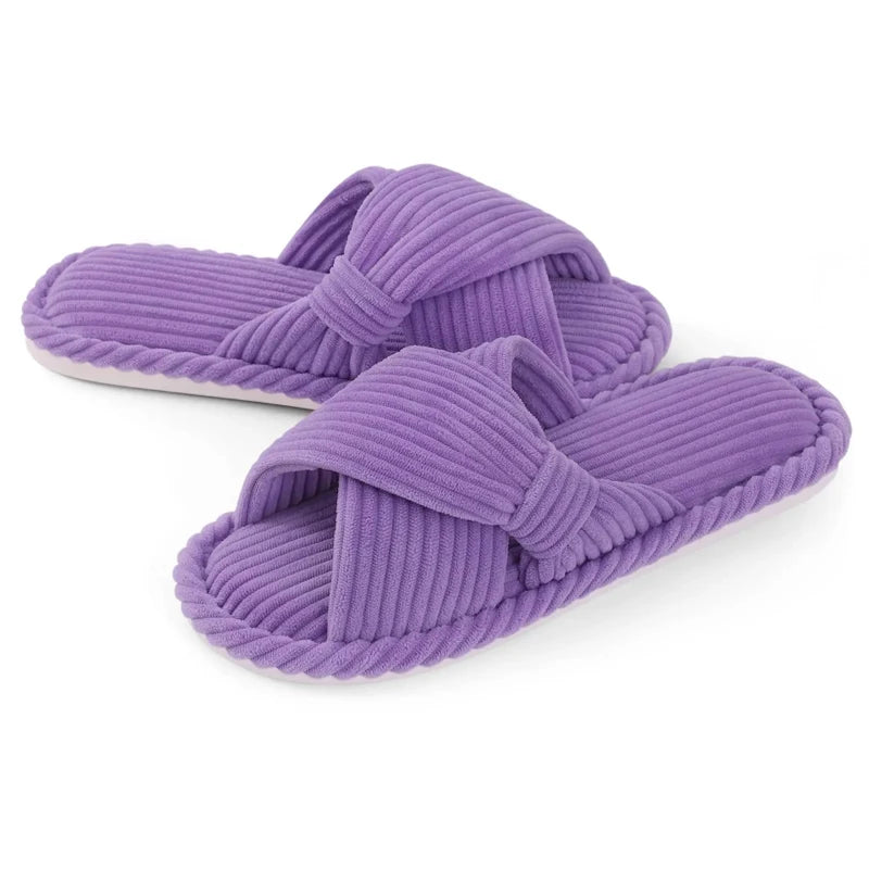 Comwarm Orthopedic House Slippers for Women Arch Support Cross Bow Indoor Slippers Corduroy Bedroom Shoes Open Toe Slip On