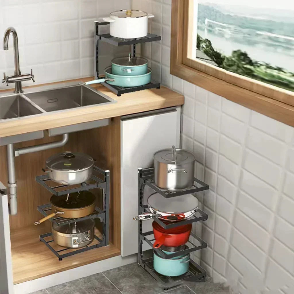 Kitchen Sink Storage Rack Multi-Layer Cooker Storage Rack for Home Stovetop Cabinets Adjustable Pot Rack Pantry Storage
