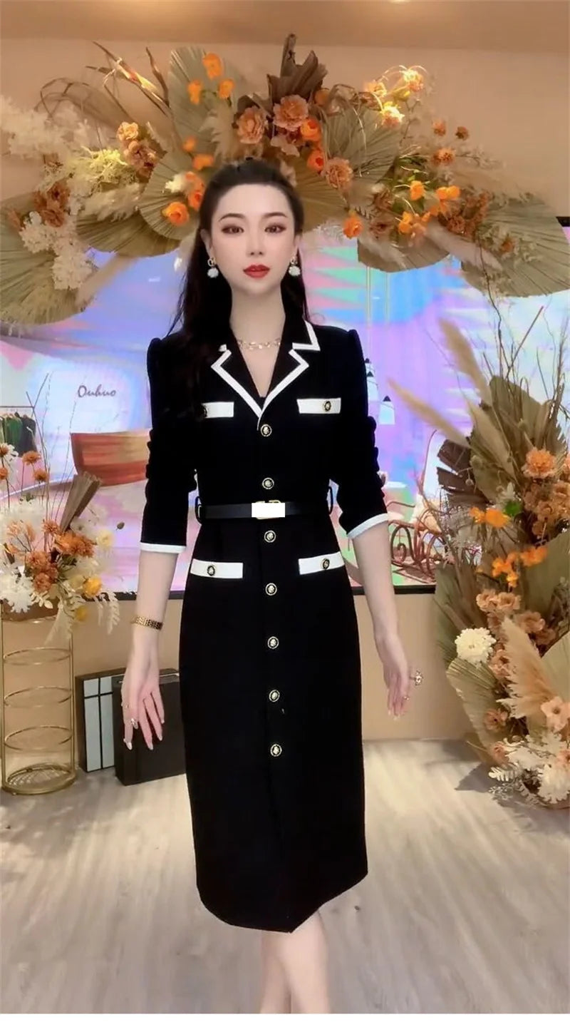 Women Fashionable New Button Decoration Small Fragrant Autumn Long Sleeve Dress Light Luxury High Waist Thin Mid length Dress