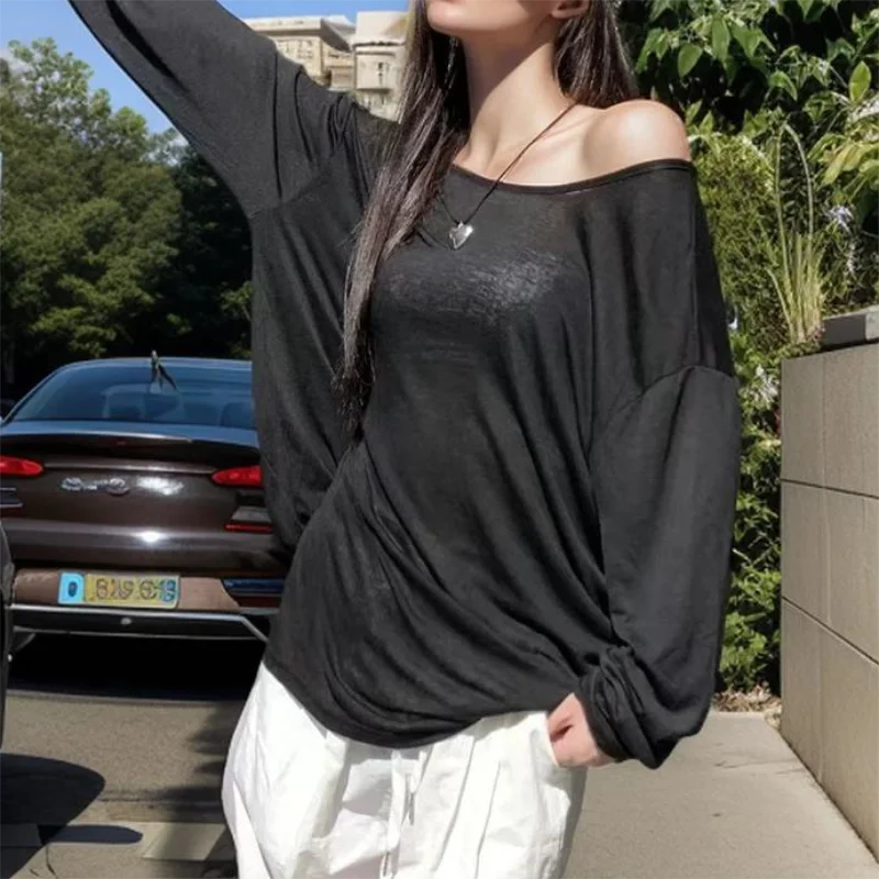 Sexy Sheer Baggy T-shirt for Women 2026 Summer Casual Fashion Loose Pullovers Chic Lazy Solid Color Off Shoulder Top Streetwear