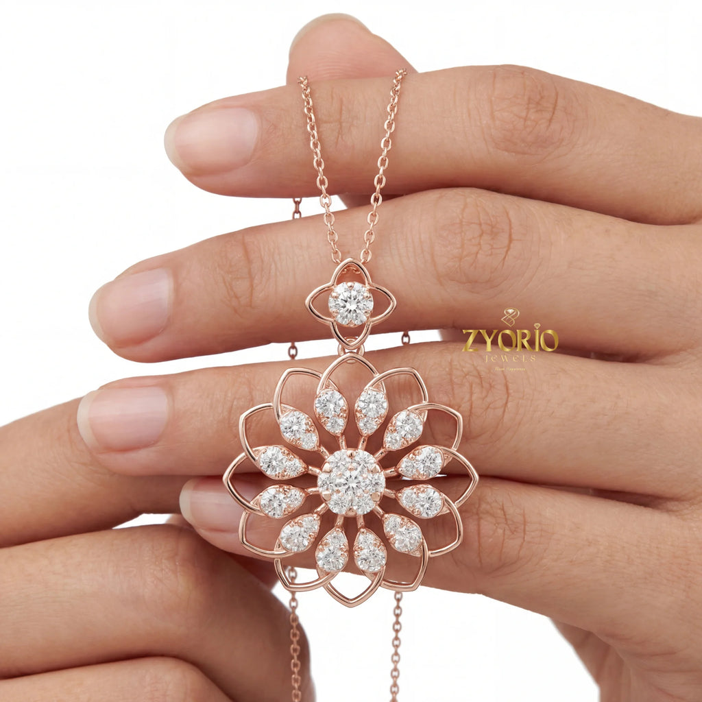 Women's Luxury Gold Floral Bloom Diamond Pendant Sterling Silver Gold Plated Chain Sparkling Wedding Jewelry