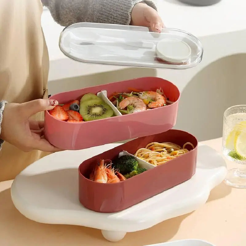 Double Layer Portable Lunch Box Set with Fork And Spoon Microwave Safe Bento Food Storage Container Dinnerware for Picnics And W