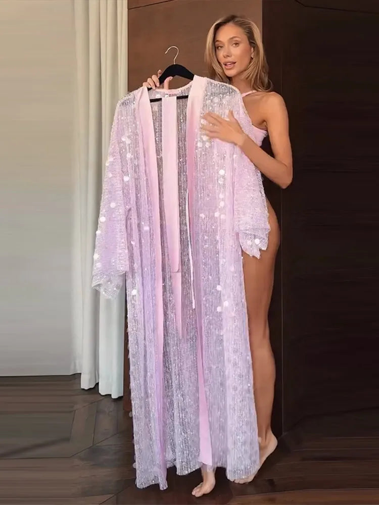 Sexy Sequined Women's Cardigan Dress Mesh Long Sleeve Loose Lace Up Ankle-Length Dresses 2026 Summer Chic Female Vacation Robe