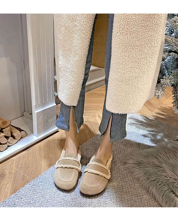 2026 Faux Suede Flats Women Lambswool Loafers Winter Warm Cotton Shoes Ladies Platform Fleeces Mocasines Female Sheep Fur Boots